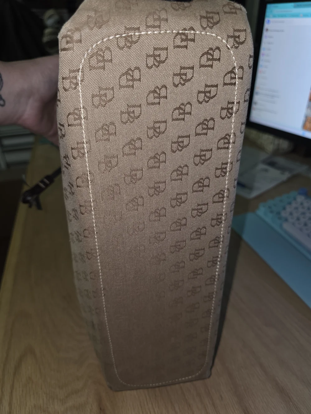 Dooney & Bourke Tan Monogram Tote with Brown Leather Trim